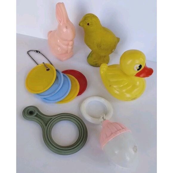 Vintage Knickerbocker Duck & Acorn Rattle Bunny Teether USA Japan 60s Baby Lot - Picture 1 of 16